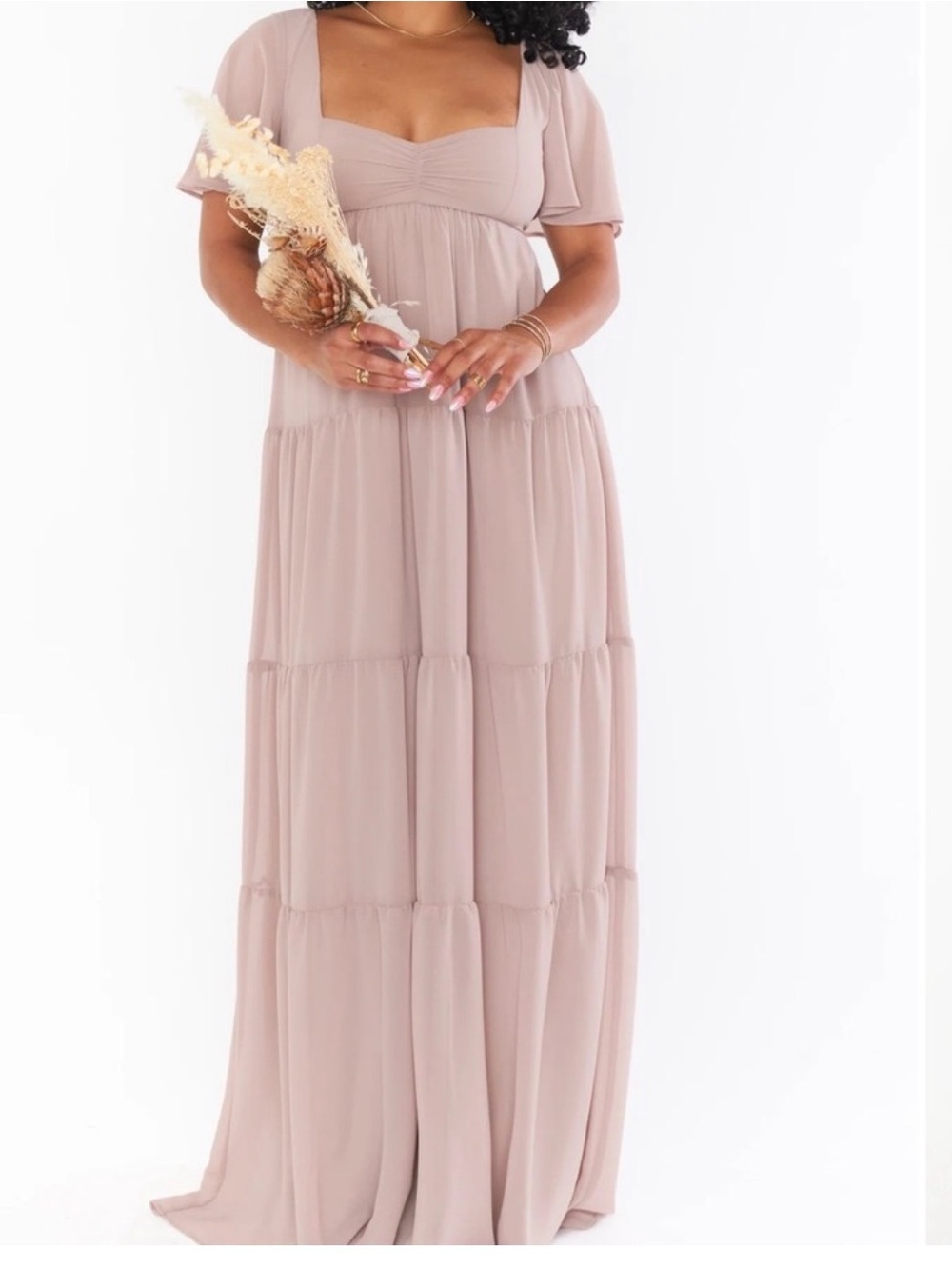 Show Me Your MuMu Square-Neck Tiered Nicole beige Maxi Dress in Dusty Mauve S